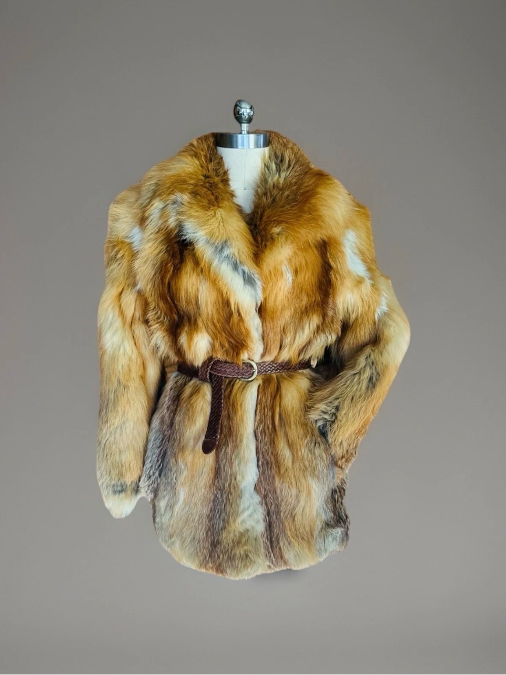 Luxurious Golden Fox Fur Coat with Braided Belt